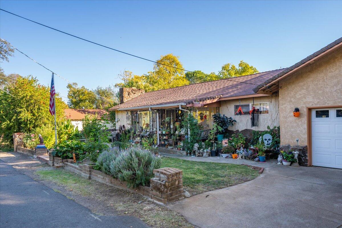 a front view of a house with a yard and potted plants