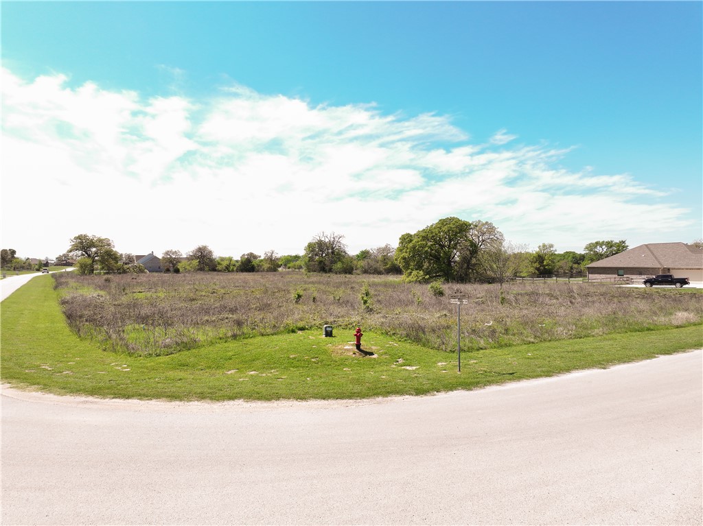 a view of a lake with a big yard and large trees