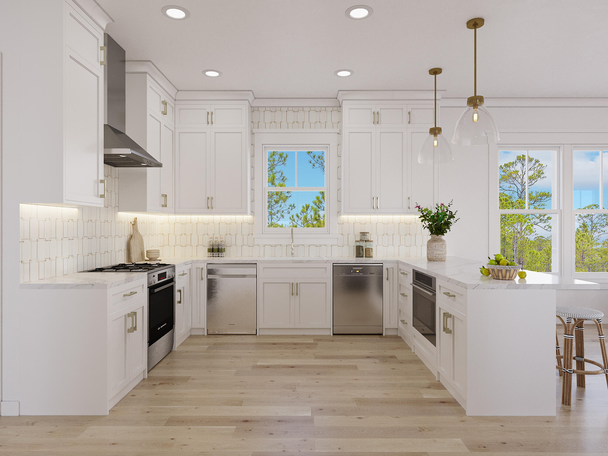 a kitchen with a sink stove and wooden floor