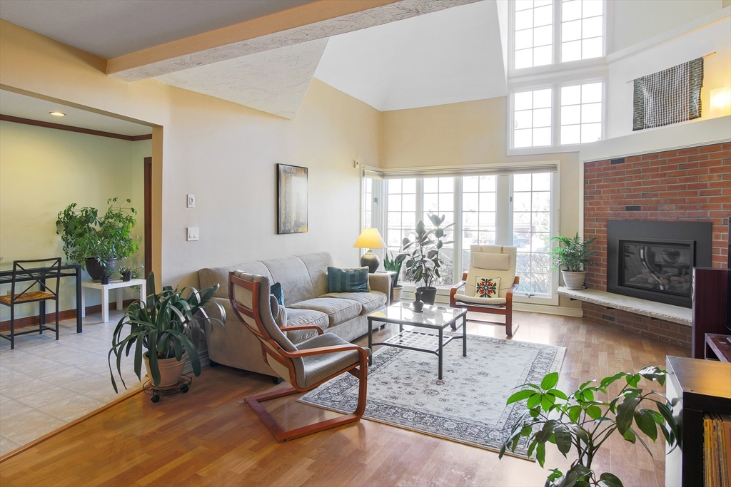 a living room with furniture potted plant floor to ceiling windows and a fireplace