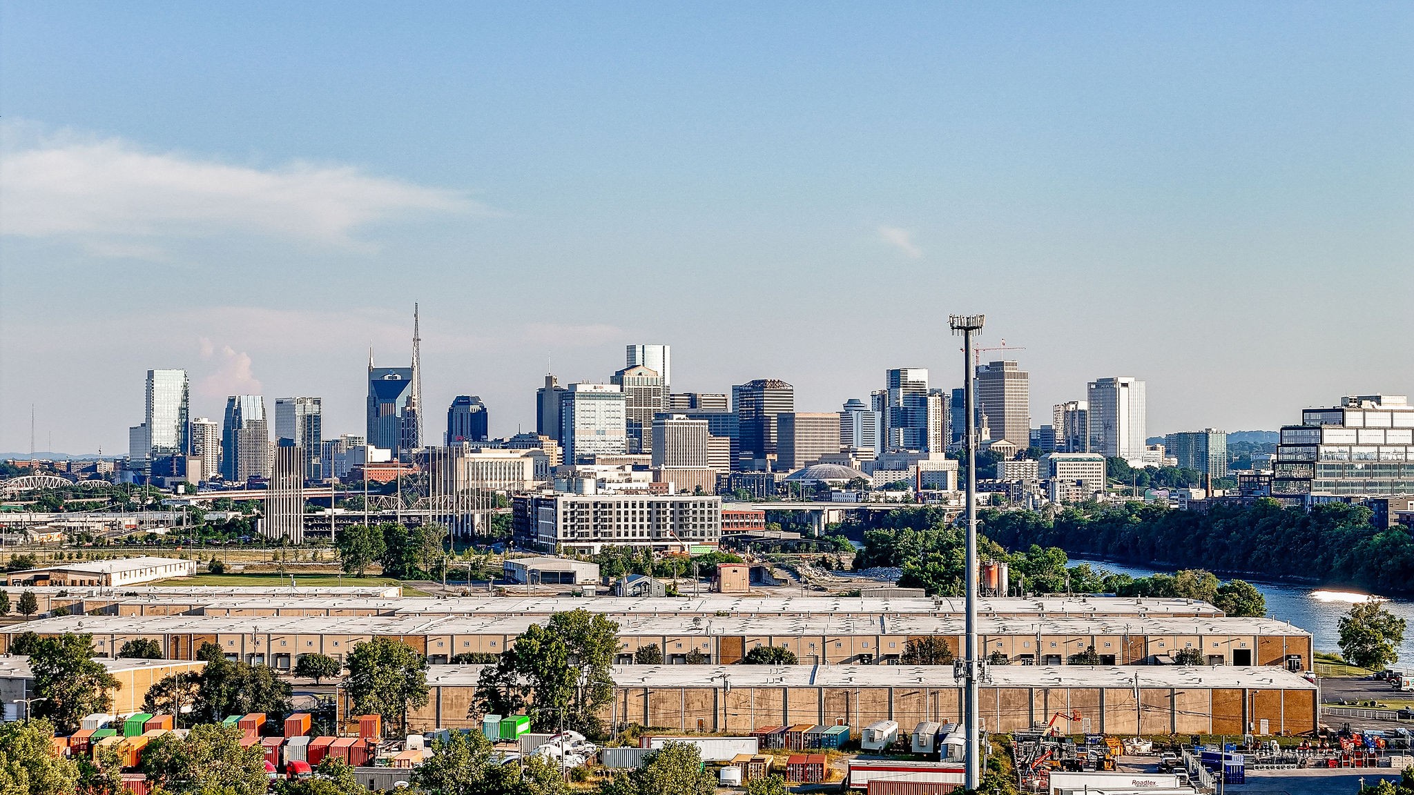 a city view with tall buildings