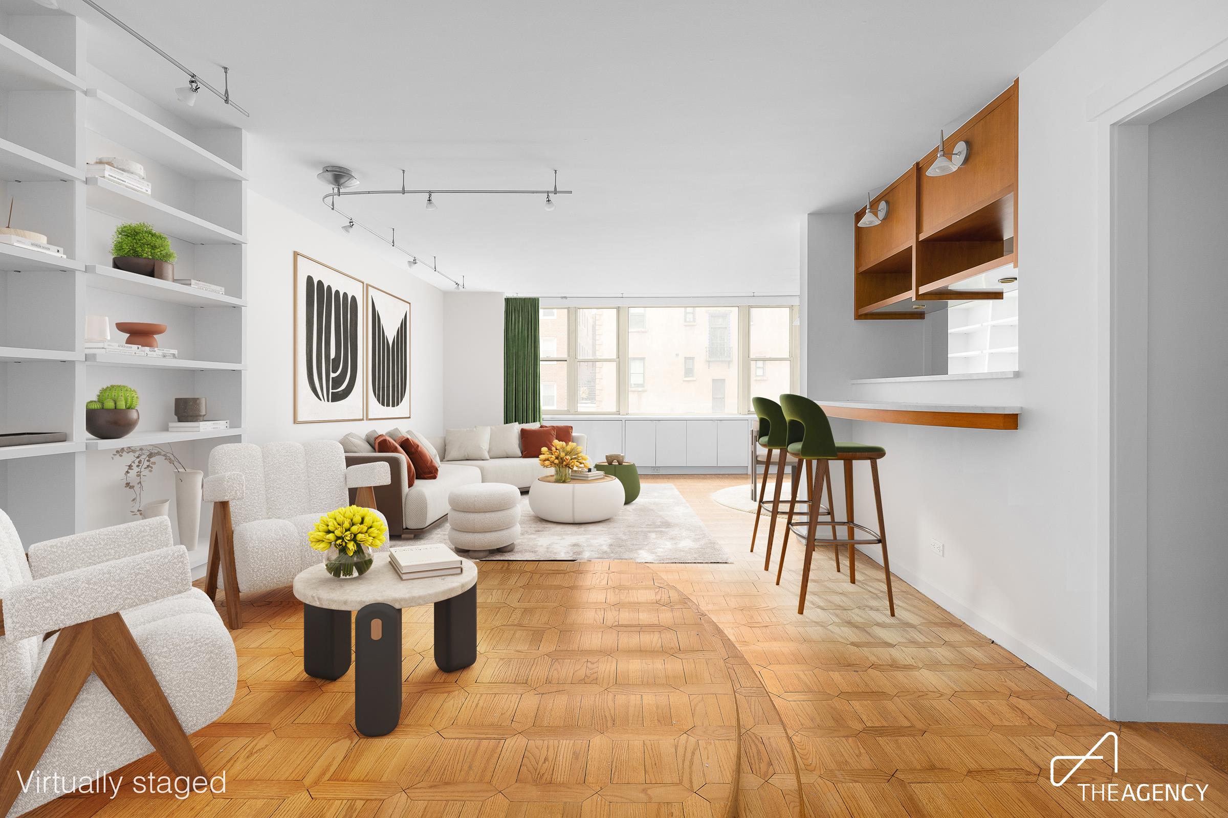 a living room with furniture and a dining table with wooden floor