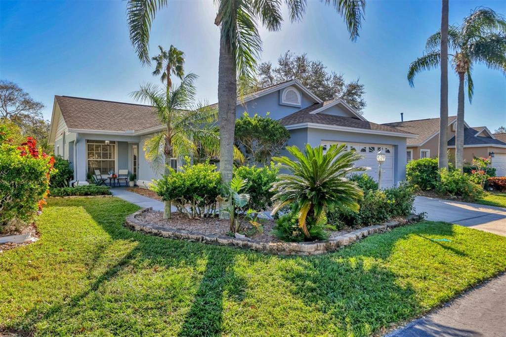 a view of a house in a yard with palm trees