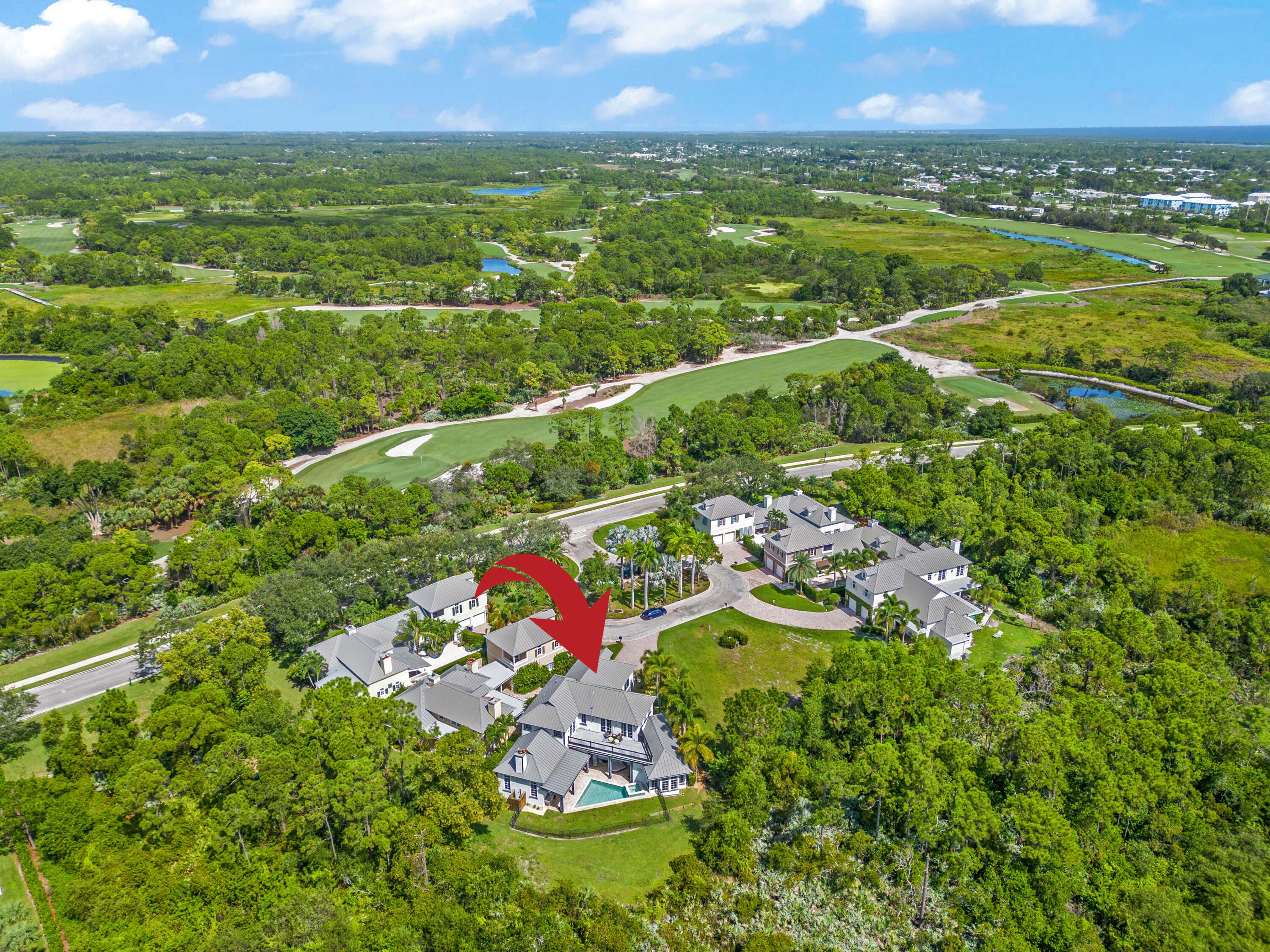 an aerial view of residential houses with outdoor space and trees