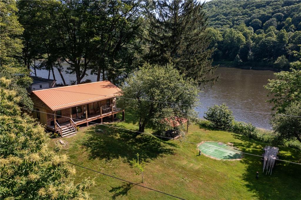 a view of a backyard with plants and lake view