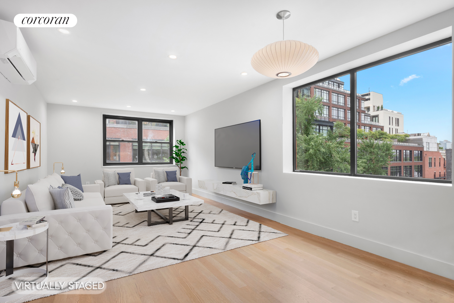 a living room with furniture large window and flat screen tv