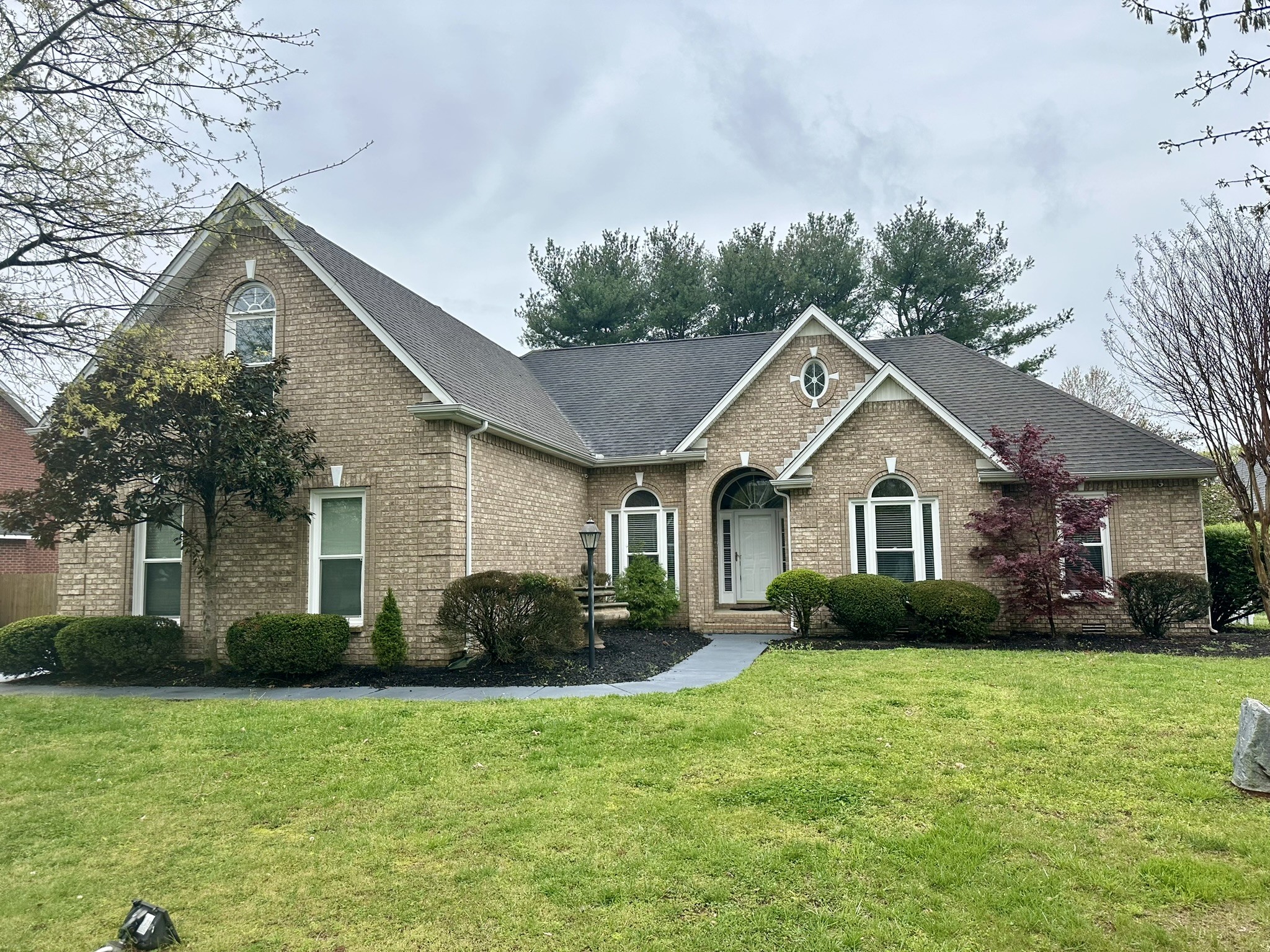 a front view of house with yard and green space