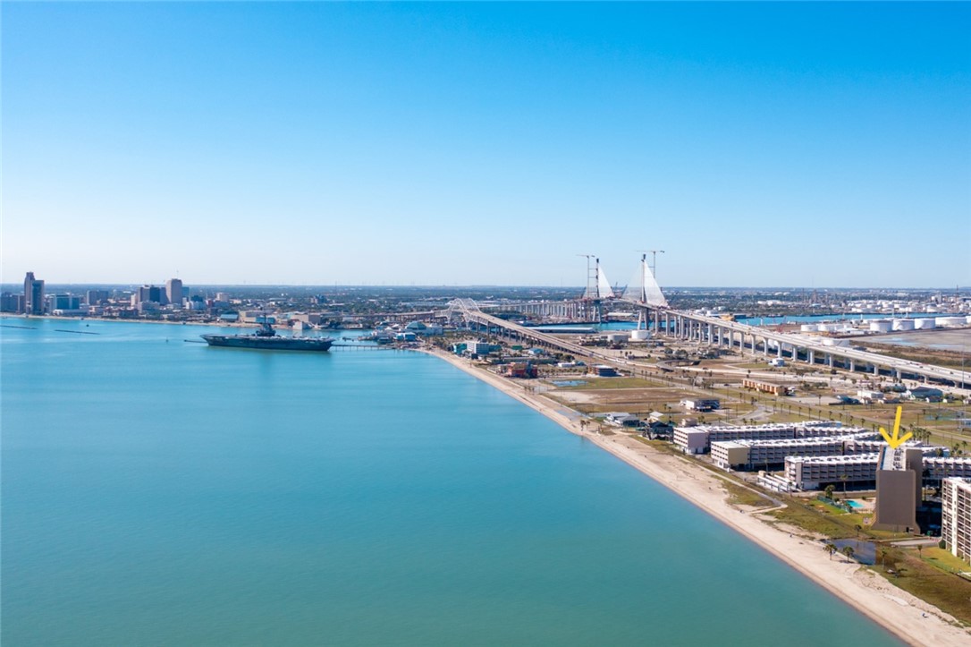 Corpus downtown, new harbor bridge and USS Lexingt