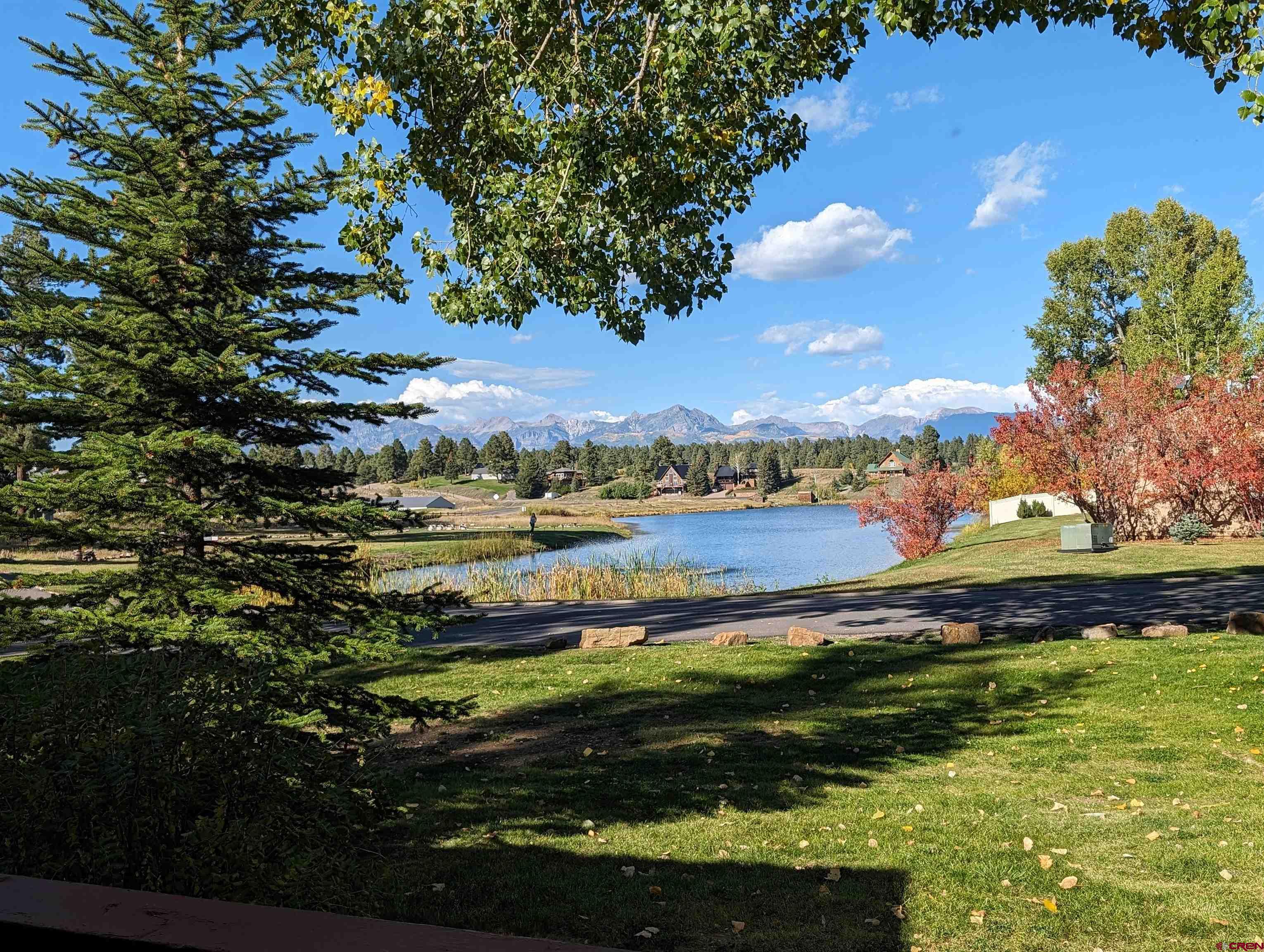 a view of a lake with a building in the background