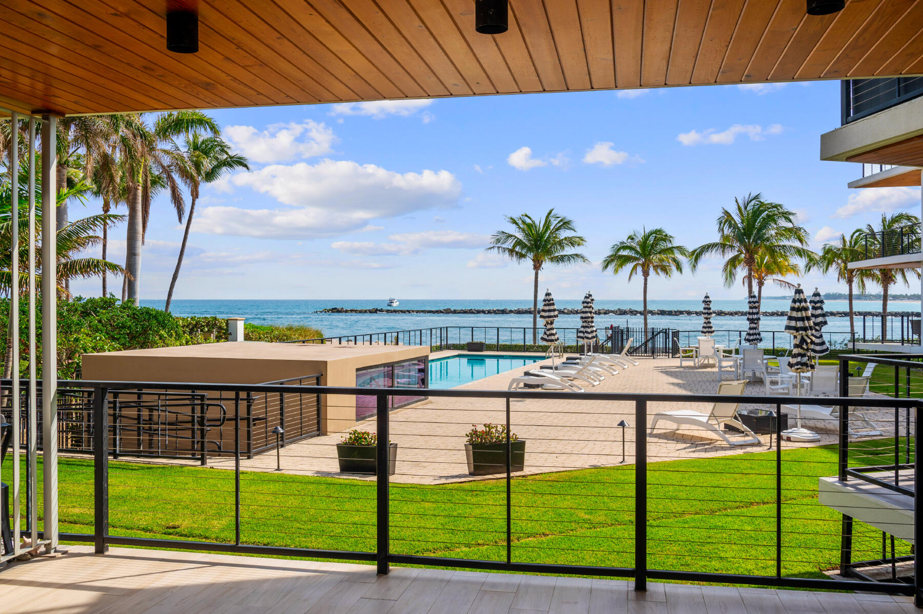 a view of a swimming pool with a lawn chairs under palm trees