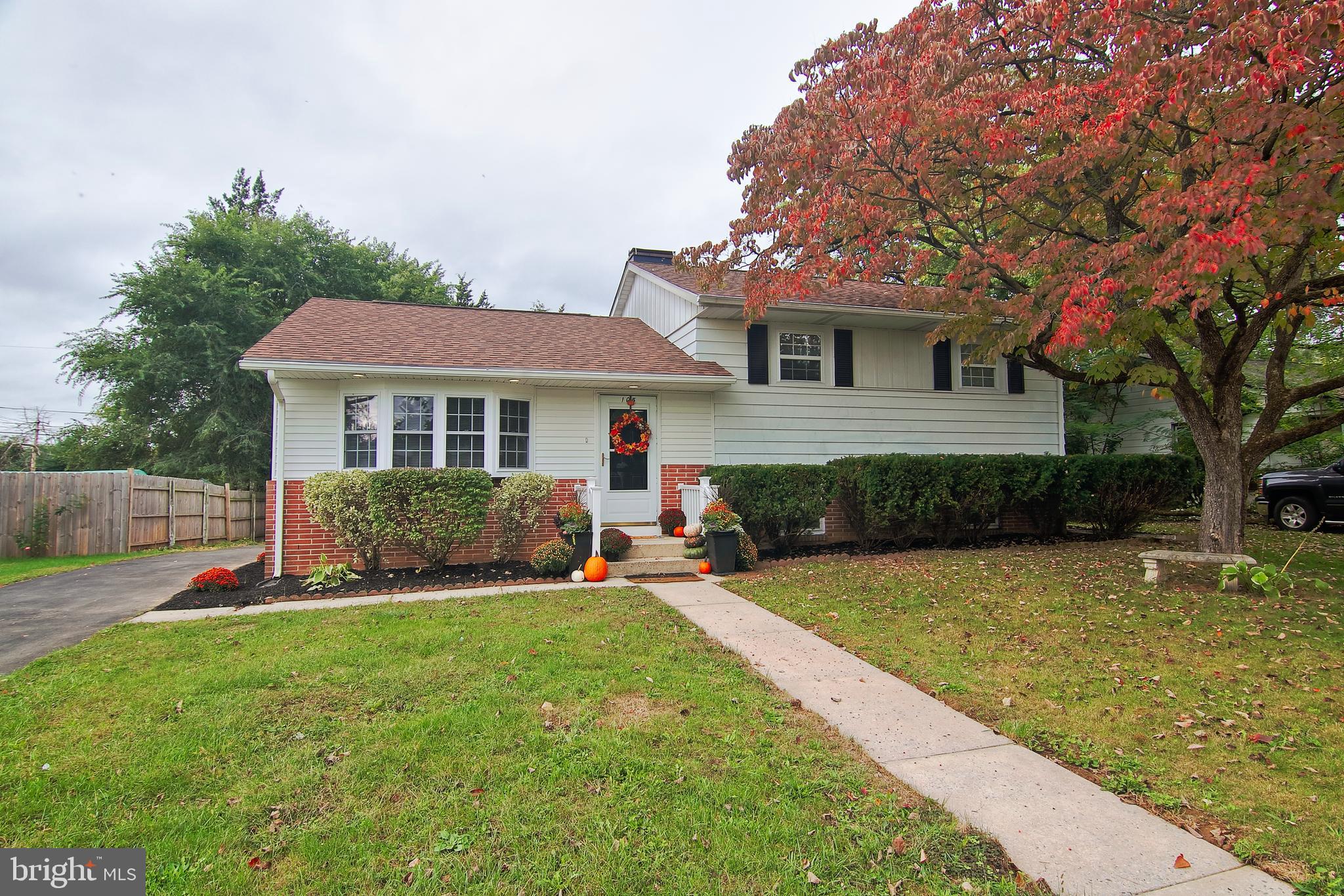 a front view of a house with a yard and tree