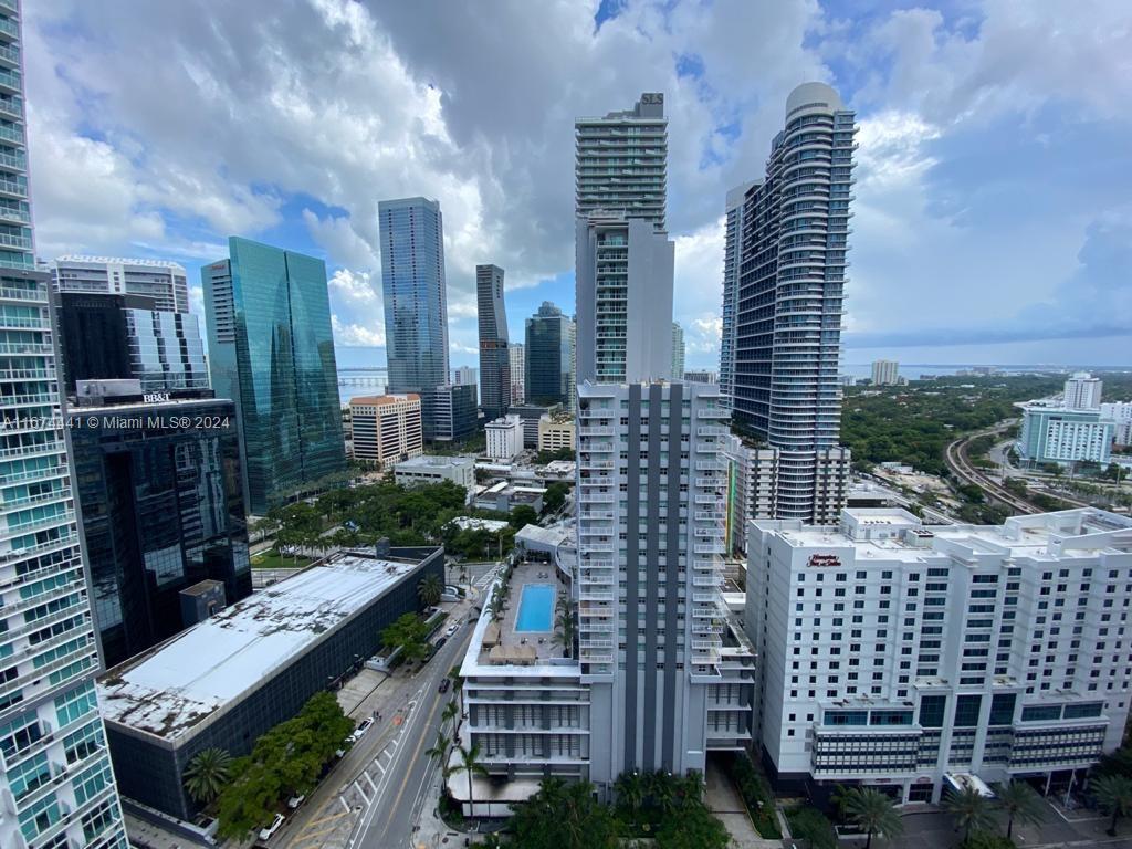 a city view with tall buildings