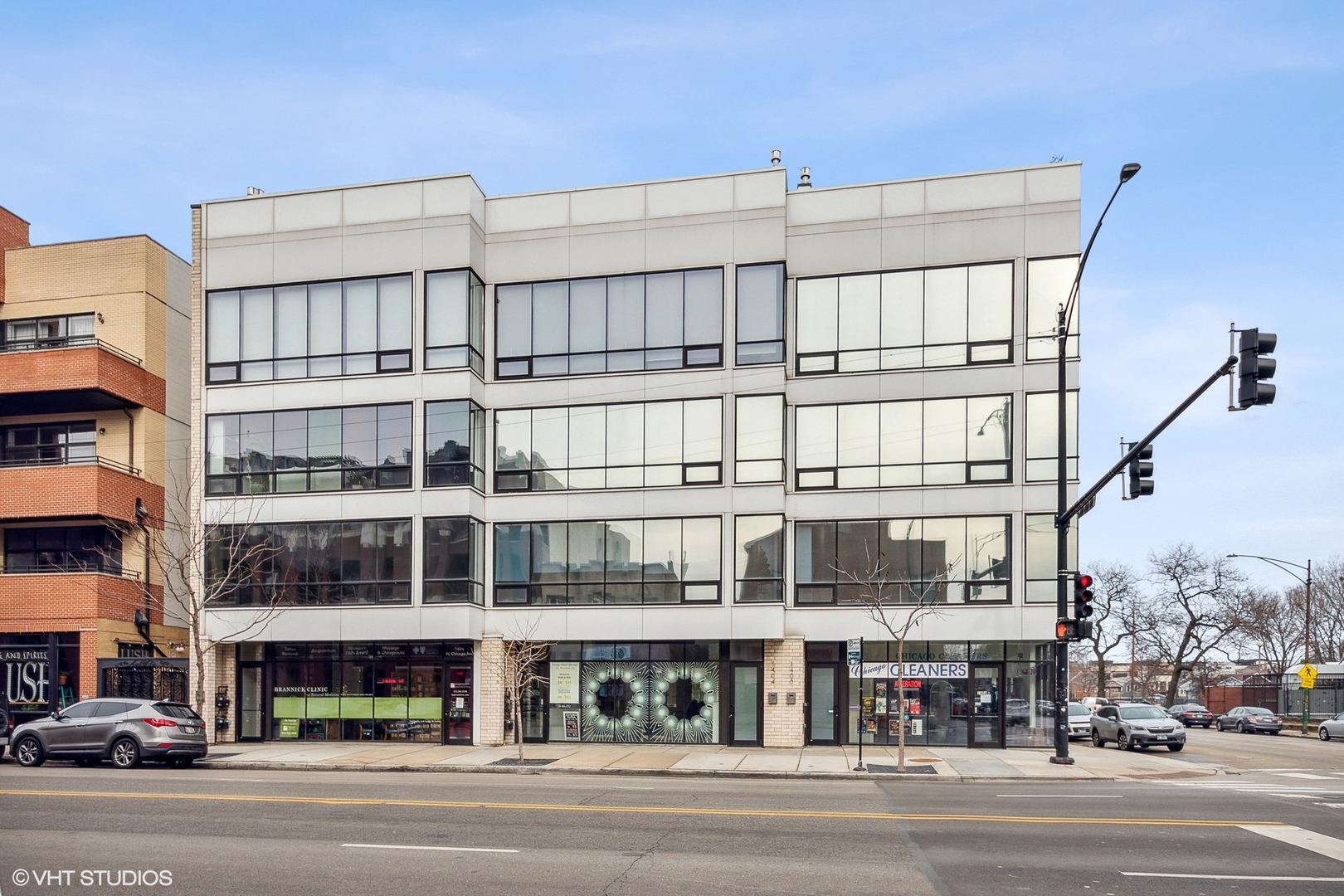 a view of a building and a street