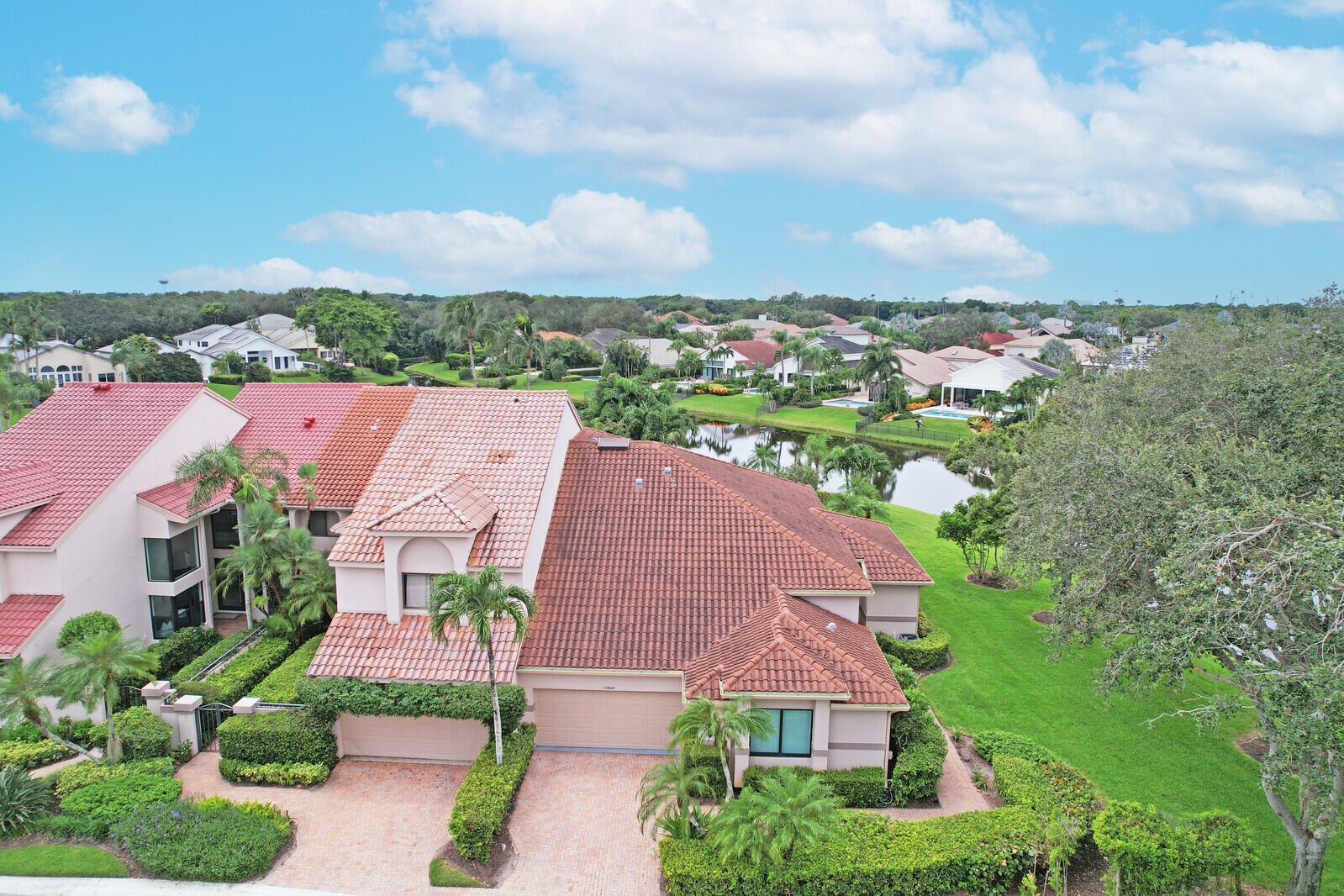 an aerial view of a house with a garden