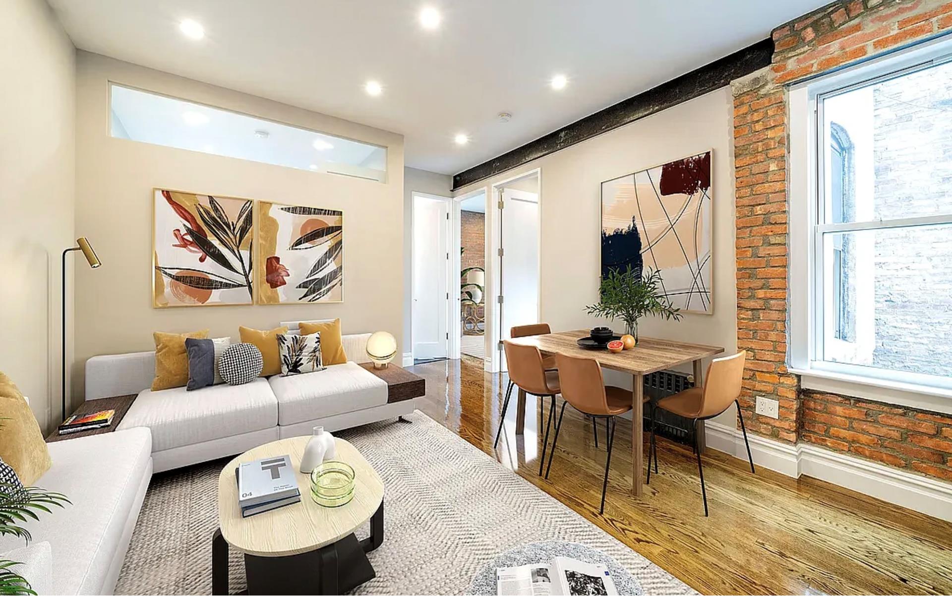 a living room with furniture a large window and dining table