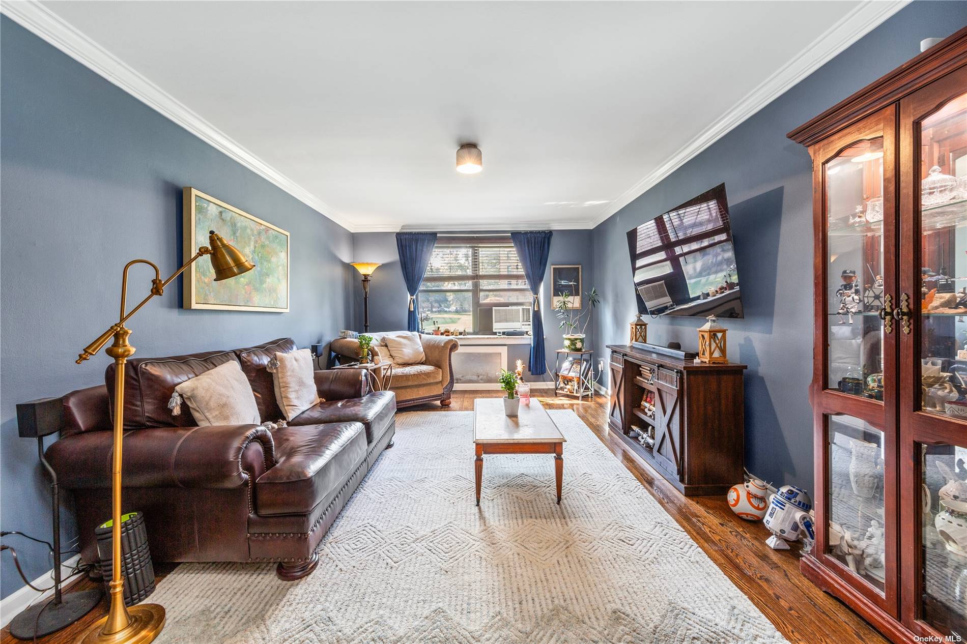 a living room with furniture a bookshelf and a flat screen tv