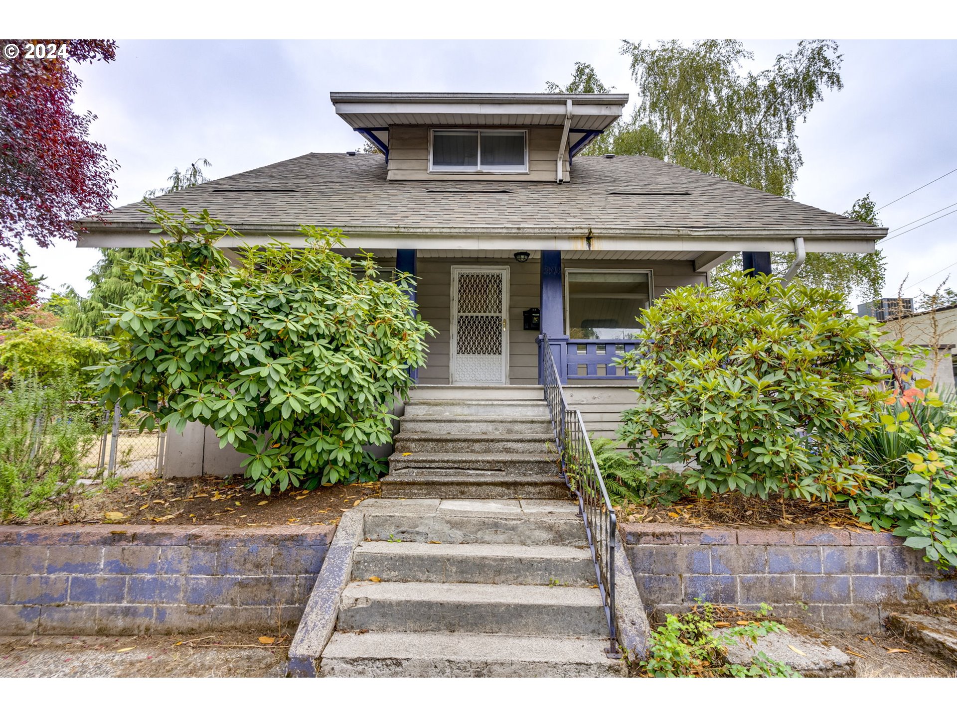 a front view of a house with plants