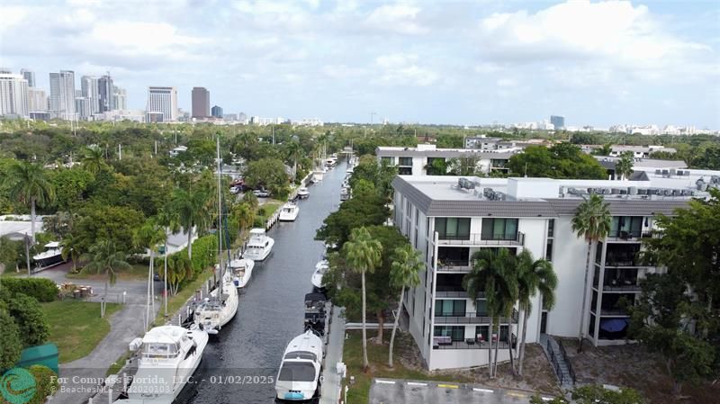 a view of a city in front of a building