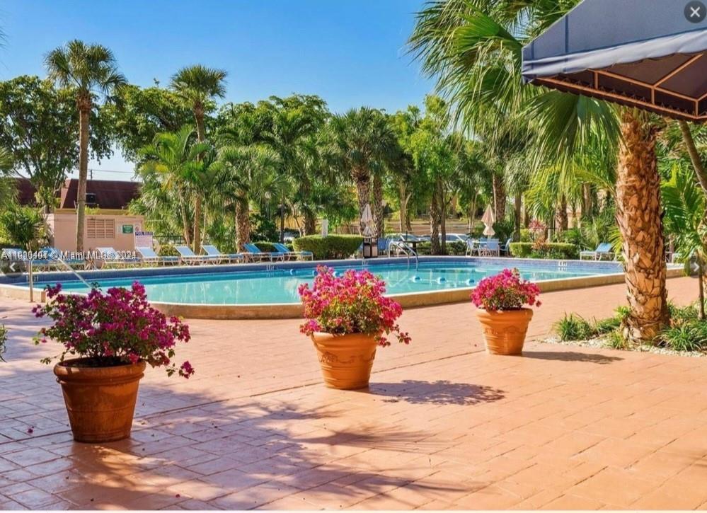 a view of a garden with an outdoor seating