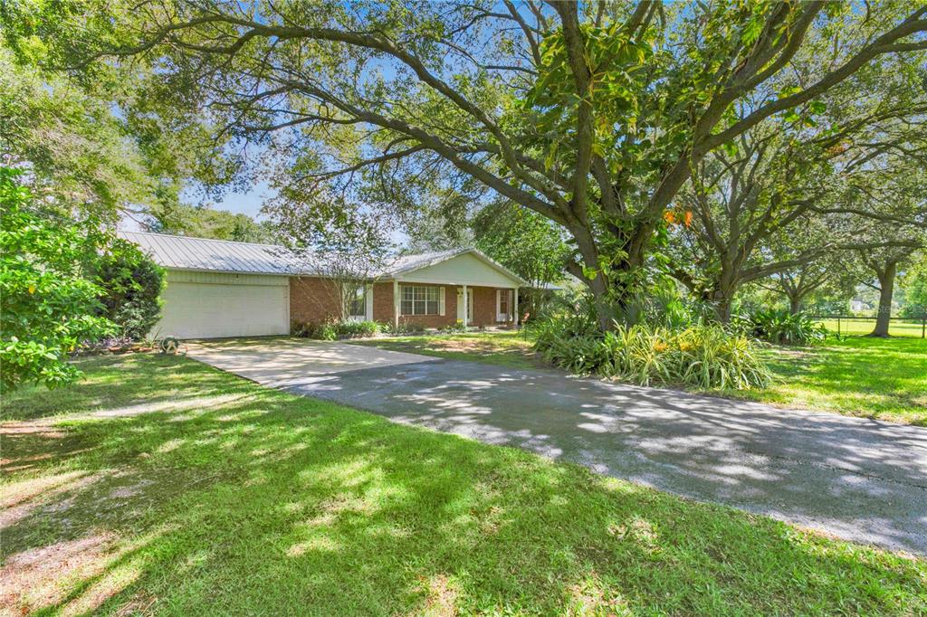 a view of a house with a yard and large tree