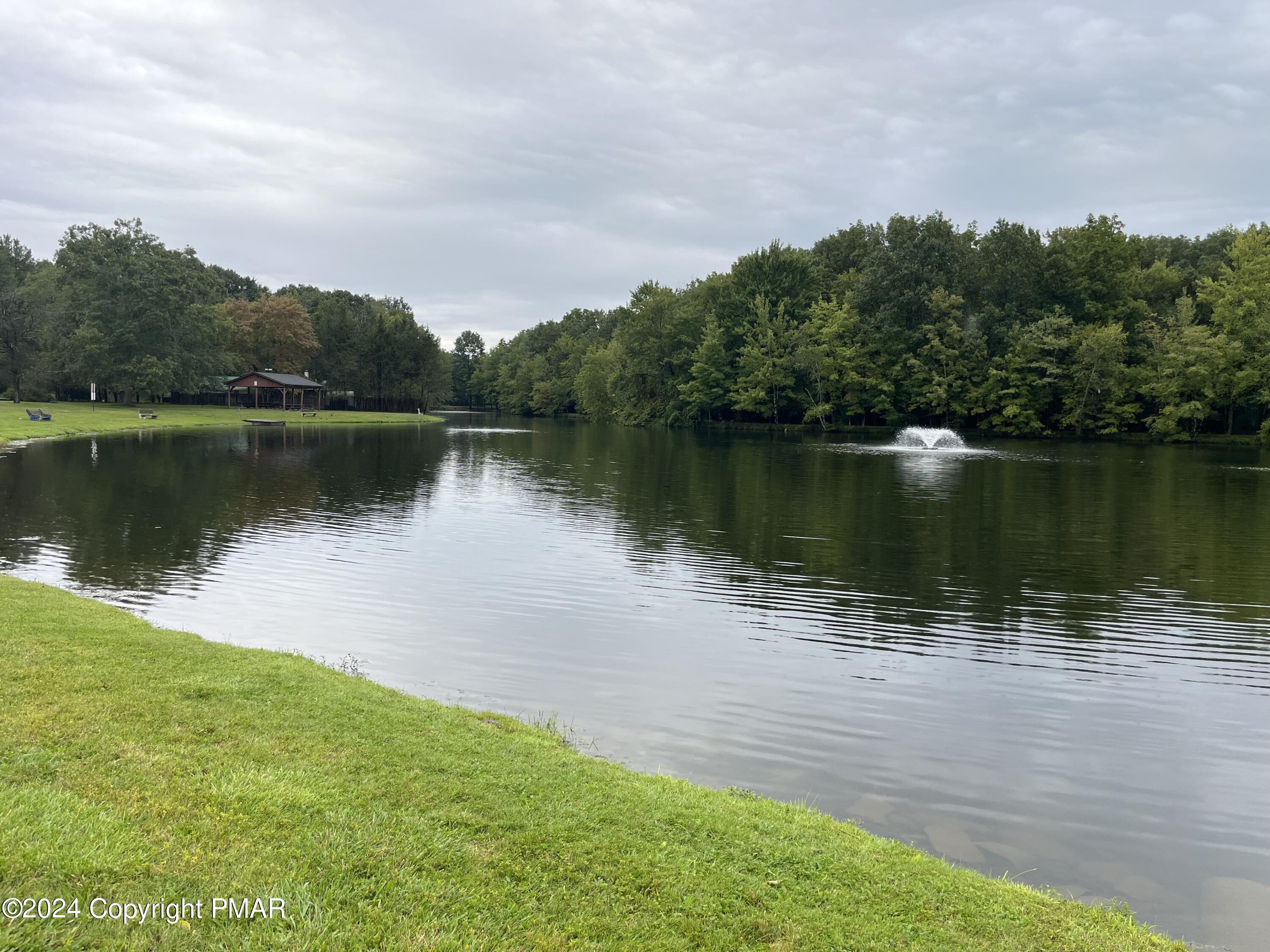 a view of a lake with a yard and large trees