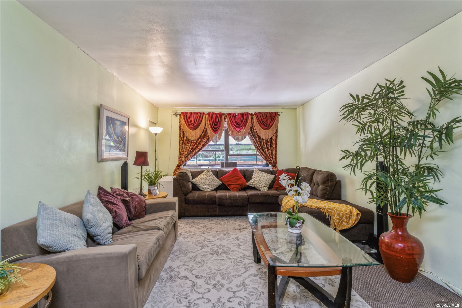 a living room with furniture a couch and a potted plant