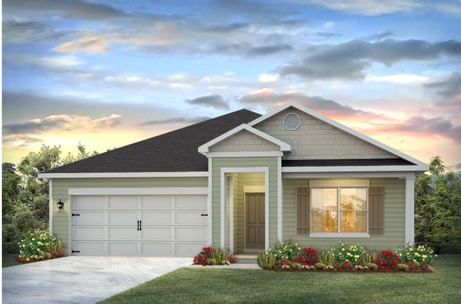 a front view of house with garage and yard