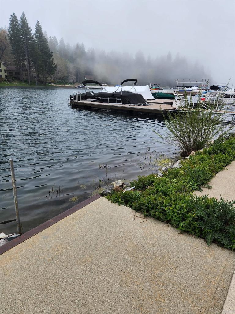 a view of a lake with houses in the back