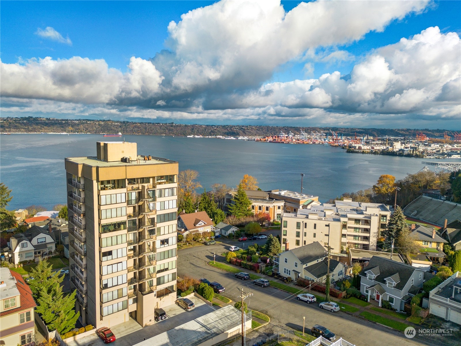 a view of a lake with a city view