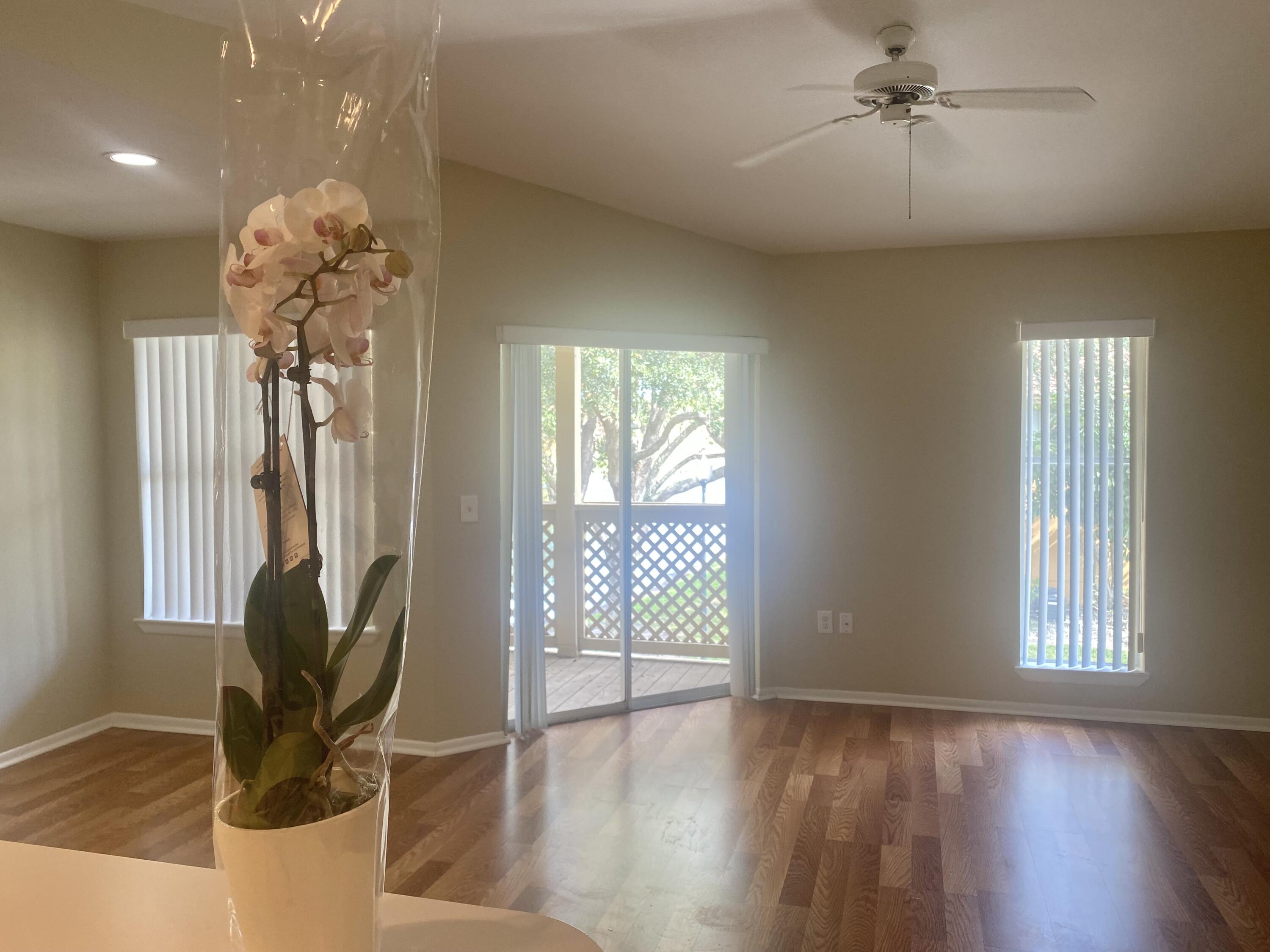 a view of a livingroom with wooden floor and a ceiling fan