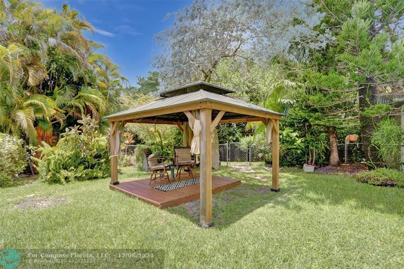 a backyard of a house with table and chairs