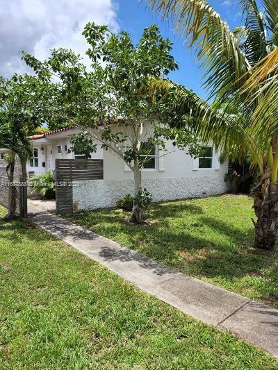 a view of a yard in front of a house with a street