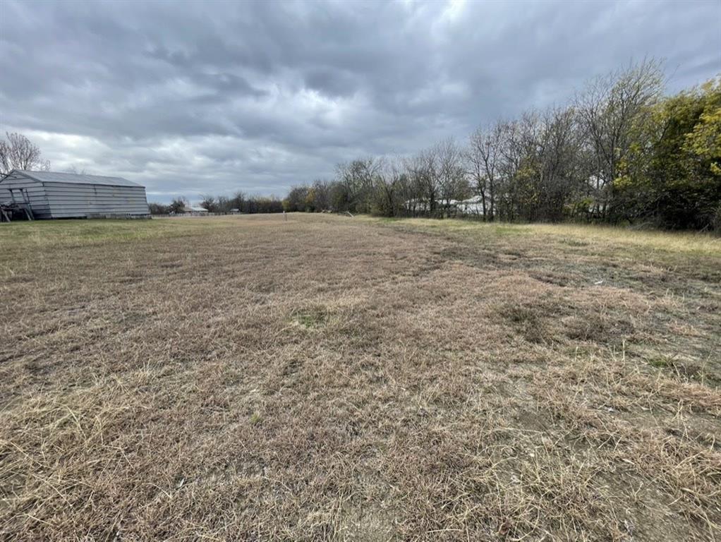 a view of a field with an trees in front of it