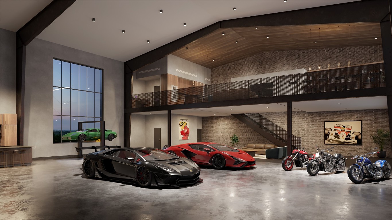 a view of a garage with cars